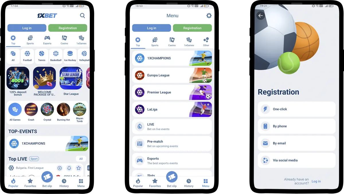1xBet Android app interface showing home screen, menu and registration page